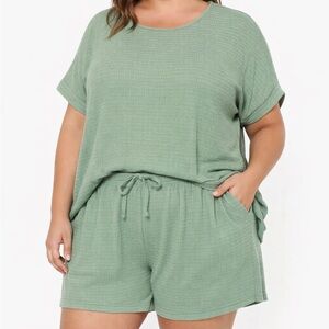 Sage Green Waffle Knit Lounge Set 2XL Soft Textured Top & Shorts Match Set Comfy